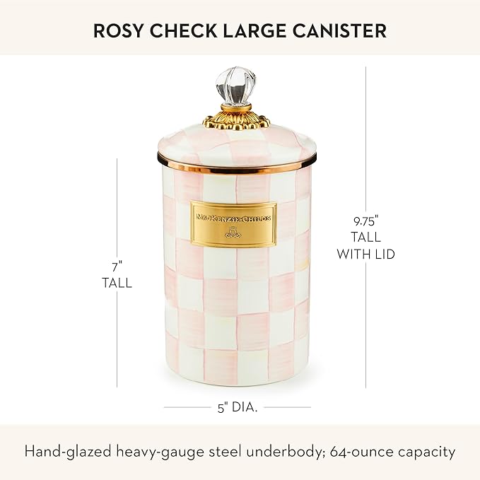 MACKENZIE-CHILDS Large Enamel Canister, Kitchen Storage Container for Flour and Sugar, 1.89 Liters, Pink-and-White Rosy Check