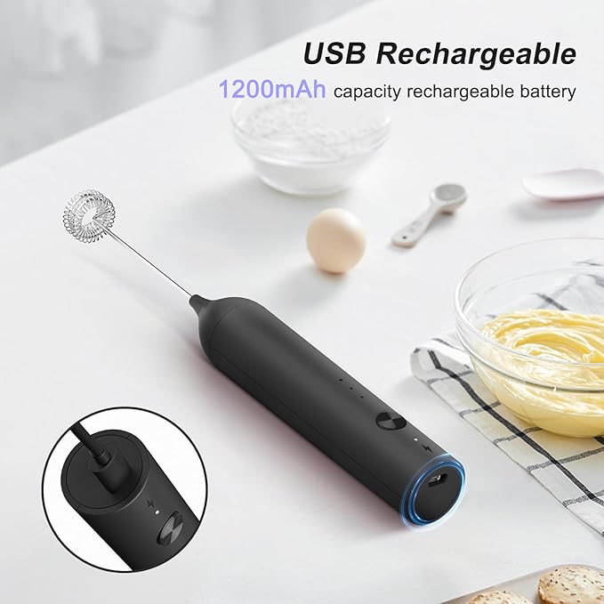 Rechargeable Milk Frother by ELMWAY, 3 Speed Electric Milk Frother Handled with Wand and Egg Whisk Attachments, for Coffee, Matcha and Protein Powder (Black without Stand)