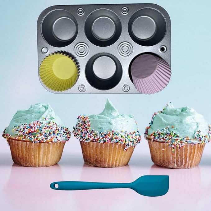 Nonstick 6-Cup Cupcake Baking Pan with Silicone Spatula and 90 Standard Baking Cups - Perfect for Muffins, Cupcakes, and More!