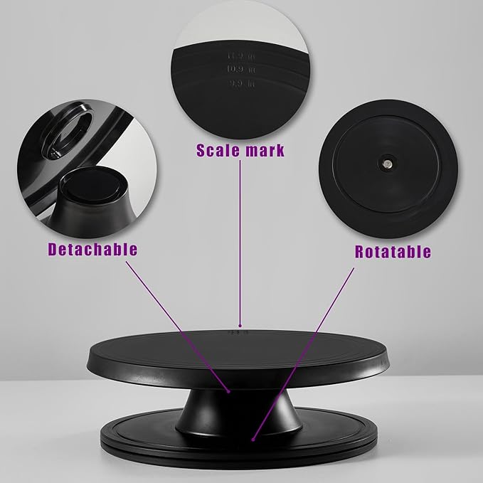 Cake Stand, 12'' Rotating Cake Turntable Revolving Cake Spinner Stand Cake Decorating Kit Display Stand Bamboo Fiber Turns Smoothly Painting Turn Table Stand for Pastries, Cupcakes(Black, L)