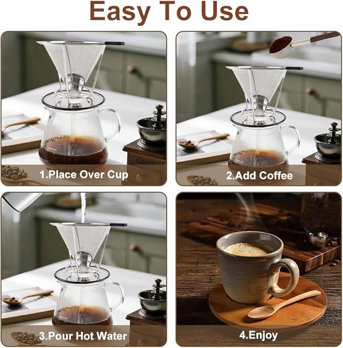 Pour Over Coffee Dripper, Abnaok Stainless Steel Filter,Easy to Clean Paperless Pour Over Coffee Maker,Reusable Filter,Cone Dripper with Removable Cup