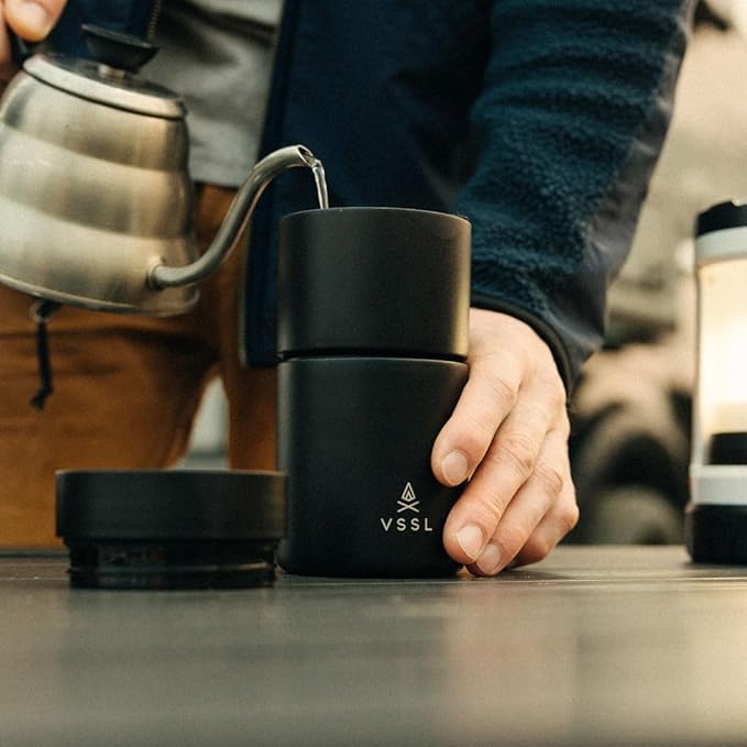VSSL - Nest Pour Over Coffee Set | Coffee Maker for Camping | All-In-One Travel Pour Over | Transportable Dripper, 10oz Stainless Steel Travel Mug | Compact Storage & Adventure Ready | Black