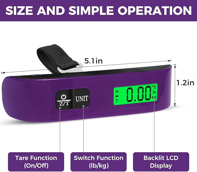 BAGAIL Digital Luggage Scale, 110lbs Hanging Baggage Scale with Backlit LCD Display, Portable Suitcase Weighing Scale, Travel Luggage Weight Scale with Hook, Strong Straps for Travelers