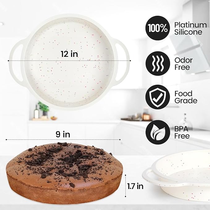 9 Inch Round Cake Pan, Metal Reinforced Frame Silicone Cake Mold for Baking with Handle Easy to Move 2 Pack Confetti
