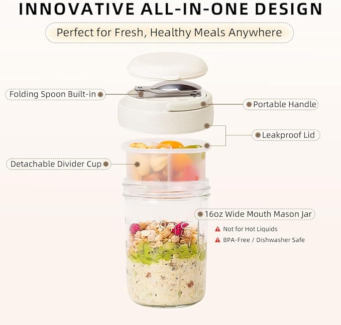 2 Pack Overnight Oats Containers with Lids and Handles, Folding Spoons & Divided Compartments for Fruit & Nuts, 16oz Glass Mason Jars for Oatmeal, Meal Prep & Breakfast (Cream 2pcs)