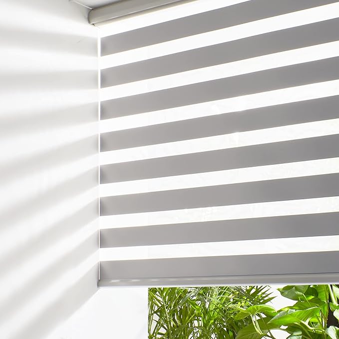 Persilux Custom Size Cordless Zebra Blinds for Windows Free-Stop Roller Windows Shades Dual Layer Light Control for Day and Night, Light Filtering Sheer Shades for Home and Bedroom Grey