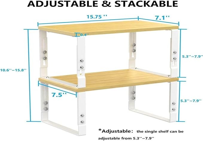 Kitchen Cabinet Organization Shelf，Set of 2 Height Adjustable Storage Racks，Stackable，Expandable，Countertop Shelves Organizer，Pantry Shelving(2PACKS/Large/White)