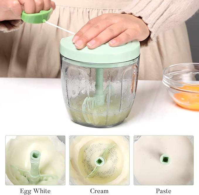 Ourokhome Manual Food Processor Vegetable Chopper, Portable Hand Pull String Garlic Mincer Onion Cutter for Veggies, Ginger, Fruits, Nuts, Herbs, etc., 900ml, Green