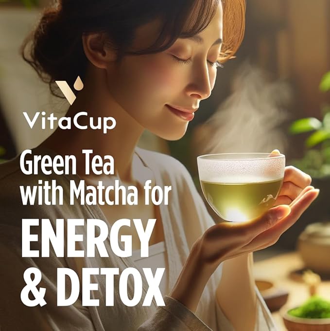 VitaCup Green Tea Instant Packets, Enhance Energy & Detox with Matcha, Moringa, B Vitamins, D3, Fiber, Keto, Paleo, Vegan in Tea Powder Single Serving Sticks, 10 Ct