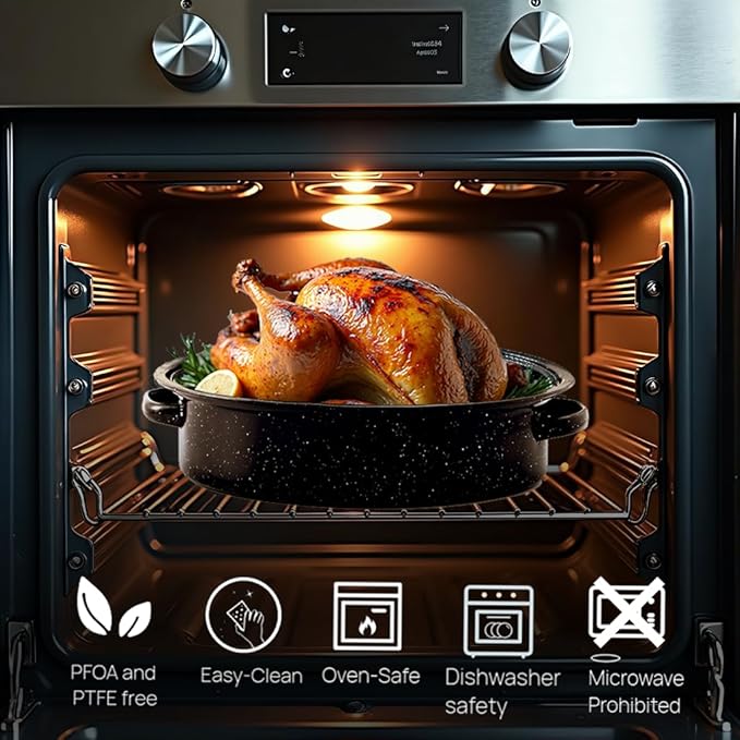 Turkey Roaster Pan 18in Roasting Pan With Lid Enamel Carbon Steel Roaster Pot with 16in Inner Diameter,18 pound large capacity Resistance up 900°F Oval Cookware