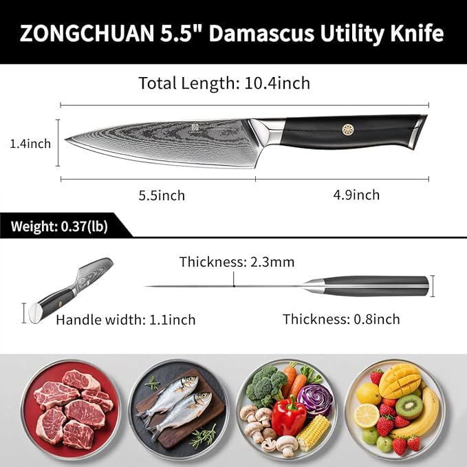 Utility Knife,5.5inch Damascus knife,67-Layer High Carbon Stainless Steel Kitchen Knife,Professiona Sharp Cutting Knives with Black Ergonomic G10 Handle,Gift Box for Home and Kitchen Birthday Gift