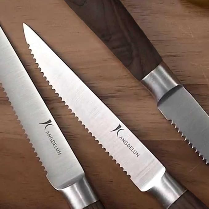 Natura Series 4.5” Serrated Steak Knife Set of 6, High Carbon Stainless Steel, Wooden Handle