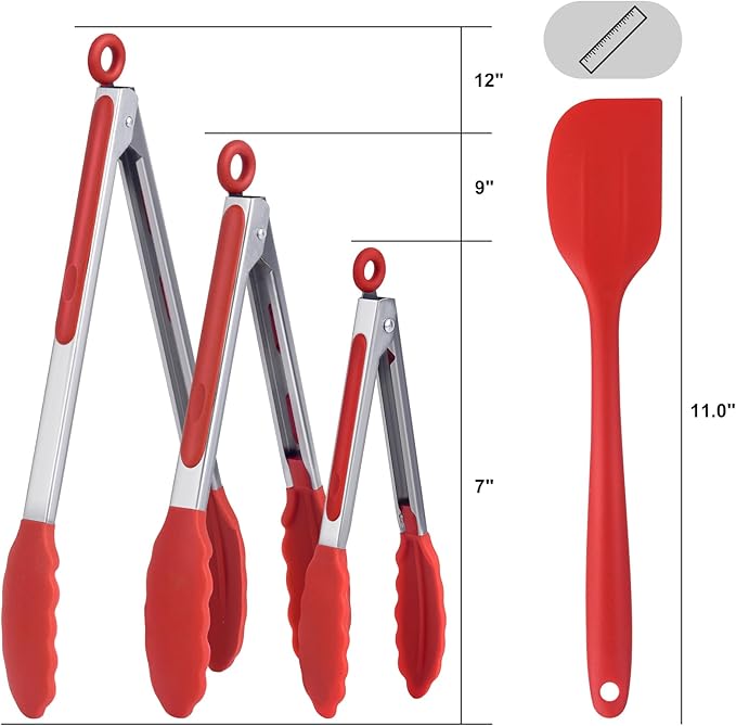 Kitchen Tongs for Cooking Locking Silicone Stainless Steel Buffet Serving Tongs, 7,9 and 12 Inch Silicone Spatula Non-stick,Heat Resistant 4 Pack
