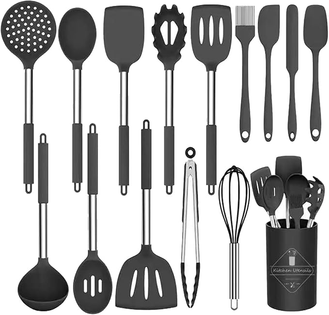 Kitchen Utensils Set, 14 Pcs Silicone Cooking Utensils Set with Holder and Heat Resistant Stainless Steel Handle for Nonstick Cookware - Black