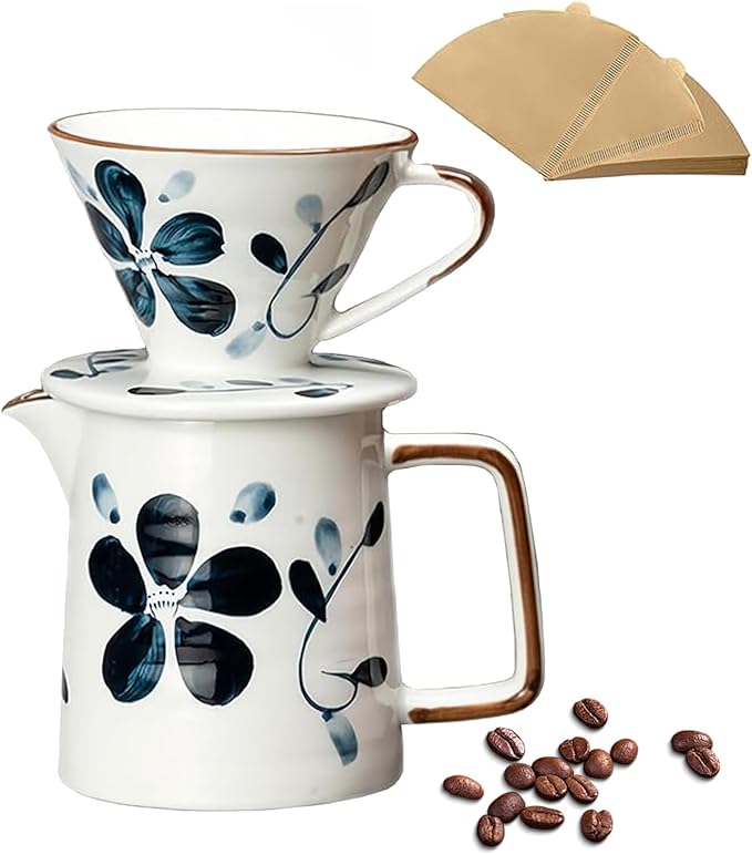 Ceramic Pour Over Coffee Maker Set, Ceramic Coffee Dripper with Single Hole, Coffee Pot & 100 Paper Filters for Home, Travel, Camping (1-4 Cup)