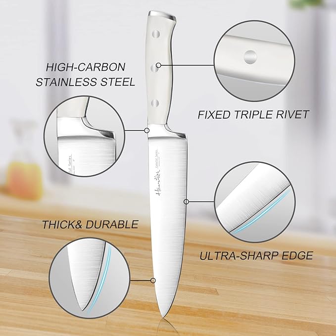Harriet 14-Piece Knife Block Set, High-Carbon Stainless Steel Chef Knives with Triple Rivet Handles, Sharpening Steel & Multifunctional Shears | Santoku, Bread, Steak Knives & Wood Block