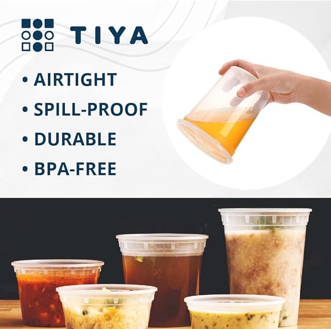 TIYA Food Containers - 12oz Bulk 240 Pack with Lids - Plastic Food Storage to-Go Containers - Reusable Microwavable Dishwasher Safe Reusable Cups - Airtight Leak Proof for Soups & Meal Prep