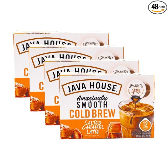 JAVA HOUSE Salted Caramel Latte Cold Brew Coffee Pods, (48 Count) Peel and Pour Pods Hot or Iced