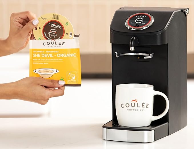 Coulée EcoPour She Devil Coffee, Single Serve Arabic Coffee, Medium Roast, Use for Camping or Traveling, Pre Filled Compostable Filters, Ready to Brew with Hot Water, 10 Pack