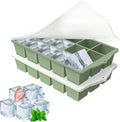 Silicone Ice Cube Tray, 2 Pack Easy-Release Stackable Ice Trays for Freezer with Lid 15 Reusable Cubes, Food Grade BPA Free Ice Molds for Whiskey, Baby Food, Coffee, Cocktail, Drinks (Green)