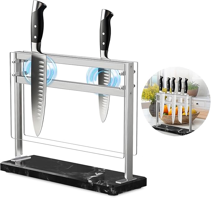 Acrylic Shield Magnetic Knife Block Holder - Marble Base Magnetic Knife Stand for Counter Top -Double Sided Magnetic Knife Holder -Stainless Steel Kitchen Knife Block without Knives -Black
