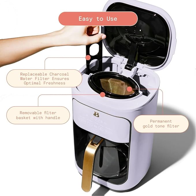Beautiful 14 Cup Programmable Coffee Maker, Touch Display, 1200W, Brew Strength Control, Keep Warm, Pause & Serve, Glass Carafe, Reusable Filter, Auto Shut-Off, Matte Finish (Lavender)