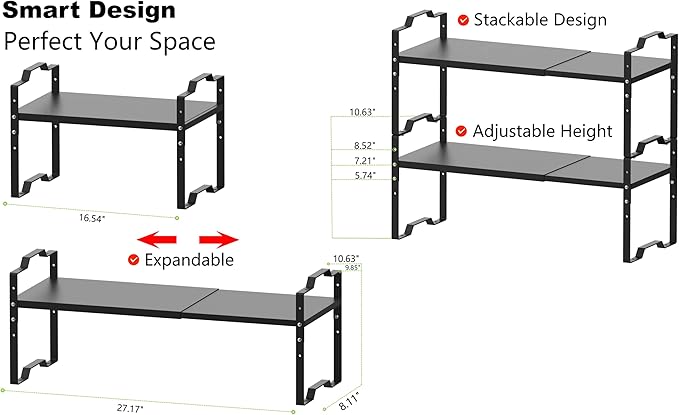 Expandable Shelf for Cabinet Organizer Adjustable Stackable Spice Rack at Kitchen and Bathroom more, Counter Countertop Cupboard Organization Pantry Storage(MEDIUM/2PACKS/BLACK)