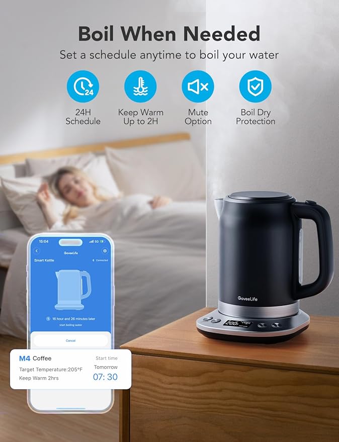 GoveeLife Smart Electric Kettle Temperature Control, WiFi Electric Tea Kettle with Alexa Control, 1500W Rapid Boil, 2H Keep Warm, 1.7L BPA Free Stainless Steel Water Boiler for Tea, Coffee, Oatmeal