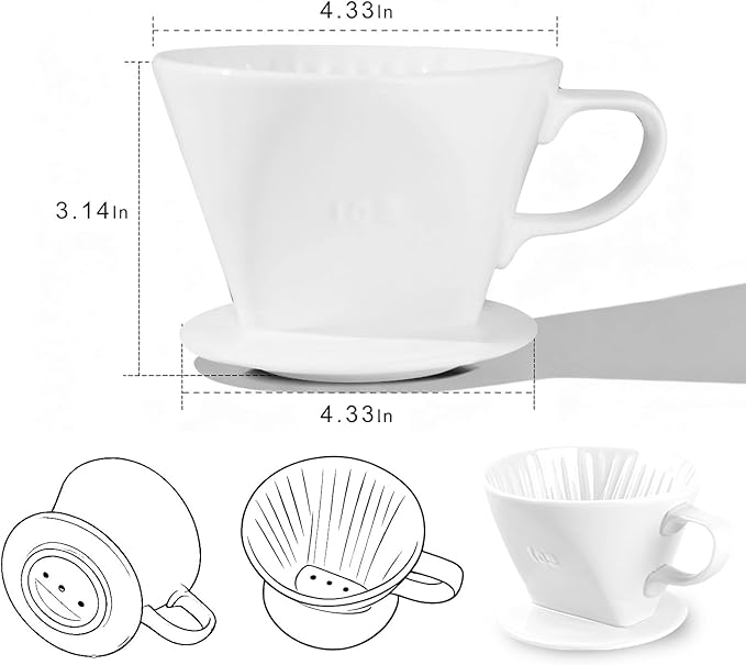 Handmade Pour Over Ceramic Coffee Dripper - Authentic Brewing Experience for Camping, Office, and Home (White)