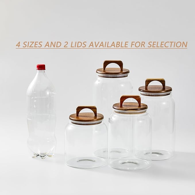 Sweejar Large Glass Candy Jars with Wooden Lids, 1 Gallon Glass Jar with Lid, Sugar/Flour Storage Containers, Big Glass Canisters with Airtight Lid, 2 Pack, Hand Lid