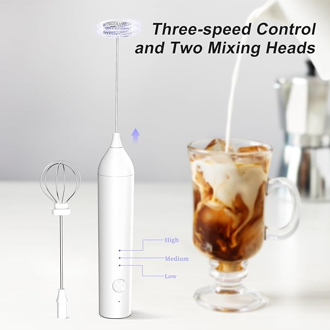 Rechargeable Milk Frother by ELMWAY, 3 Speed Electric Milk Frother Handled with Wand and Egg Whisk Attachments, for Coffee, Matcha and Protein Powder (White without Stand)