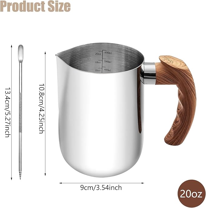 Milk Frothing Pitcher, 20oz Milk Frother Cup 304 Stainless Steel Steaming Pitcher with Art Pen Milk Coffee Jug Cup with Heat-resistant Handle and Scale