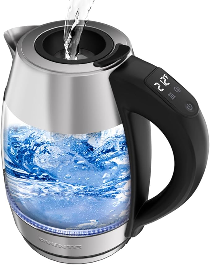 OVENTE Electric Tea Kettle with Temperature Control, Removable Tea Infuser, Easy to Fill Lid, Keep Warm Function, Auto Shut-Off, 1.7L Double Wall Borosilicate Glass, Stainless Steel Base, Silver KD68S