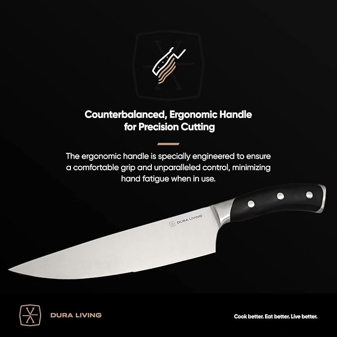 DURA LIVING 3-Piece Kitchen Knife Set – Ultra-Sharp German Stainless Steel, 8” Chef, 5” Utility, and 3.5” Paring Knives with Ergonomic Handles, Multipurpose Kitchen Knife Set, Black