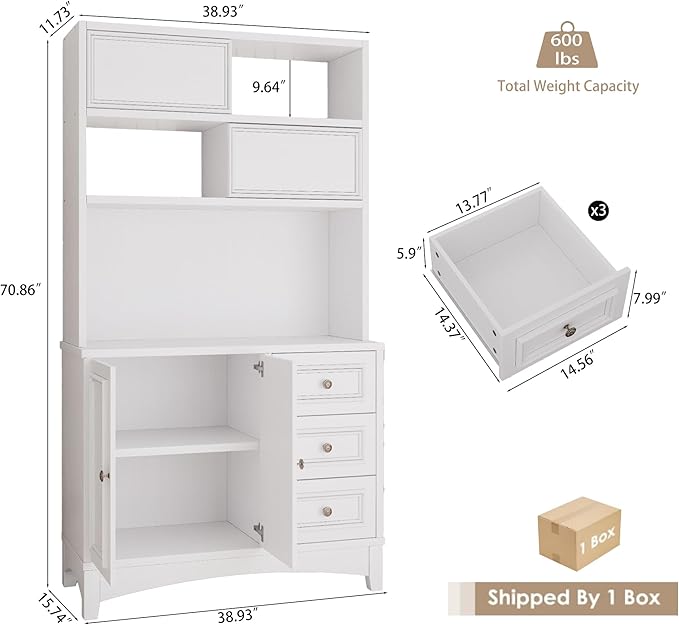 71" Farmhouse White Pantry Cabinet with Charging Station, 4-Type Storage & Anti-Tip Design, Kitchen Cabinet with Adjustable Shelves