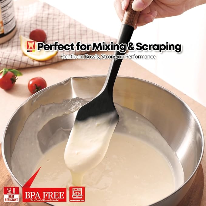 Silicone Head Scraping Spatula with Wooden Handle: Multi-Purpose Cooking Tool for Spreading, Baking and Mixing, Heat Resistant Cookware, Protects Surfaces with Gentle Head Design