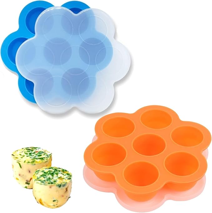 GOKCEN's Silicone Egg Bite Molds [2 Pack] Instant Pot Accessories - Fit Instant Pot 5,6,8 qt Pressure Cooker - Food Freezer Tray with Lid - Reusable Storage Container (Orange & Blue - Egg Bite Mold)