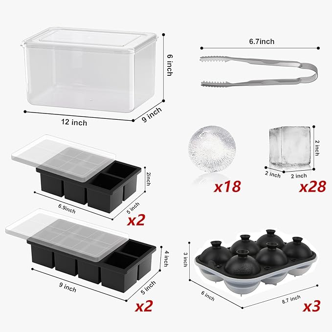 Large Ice Mold with Lid and Bin Mix Set (Total 46 Ice): 2 Pack New Upgraded 6 Grid Ice Cube Tray & 8 Grid Ice Cube Tray, 3 Pack 6 Sphere Ice Ball Mold-Black (With Ice Bin and Ice Tong)