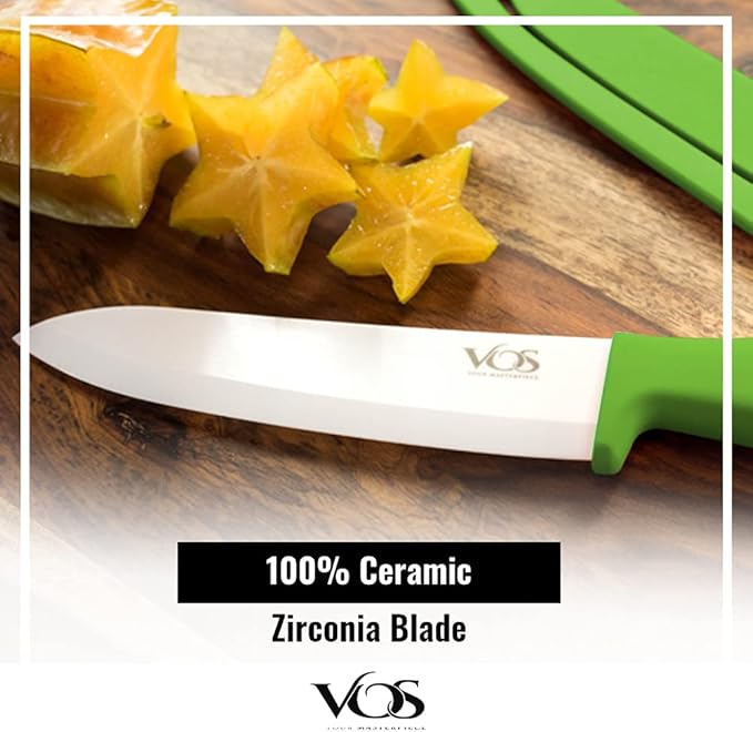 Vos Ceramic Knife Set with Peeler, Ceramic Knives Set For Kitchen, Ultra Sharp Kitchen Knife Set with Covers, 3" 4" 6" Paring, Utility & Chef Knife, Lightweight, Dishwasher safe (Multi-Color Handle)