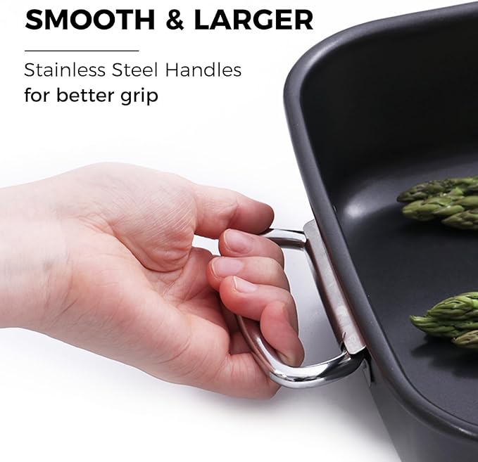 HONGBAKE Nonstick Lasagna Pan 3 Inch Deep, 9x13 Baking Pan, Rectangular Sheet Cake Pan, Roasting Pan for Oven with Stainless Steel Handles, Dishwarsher Safe, Dark Grey