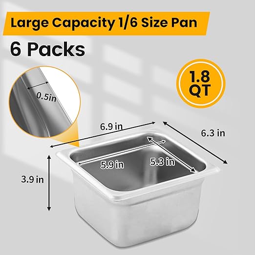 1/6 Hotel Pans 4 Inch Deep Stainless Steel Food Pan - Anti-Jam 6 Pack Steam Table Pan Set for Catering, Buffet Use, Kitchen Prep