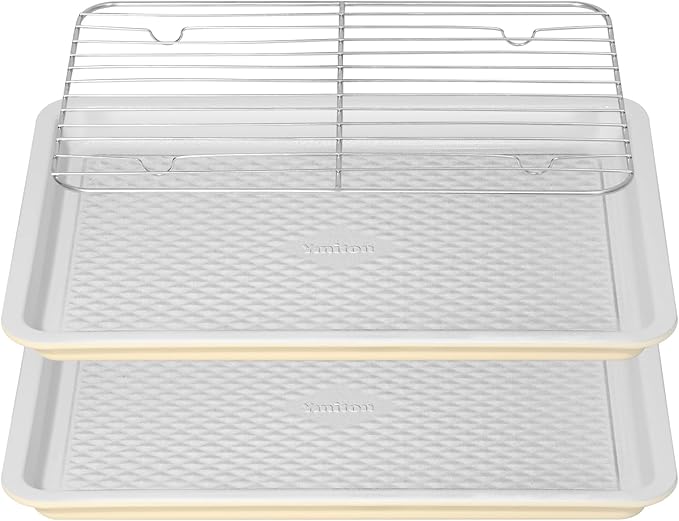 Nonstick Ceramic Baking Sheet With Rack, 2-Pack 15x10 Jelly Roll Sheet Pan, Non-Toxic, PTFE & PFOA Free, Warp-Free, Oven Safe 550°F, Dishwasher Safe, Aluminized Steel, Gray Yellow