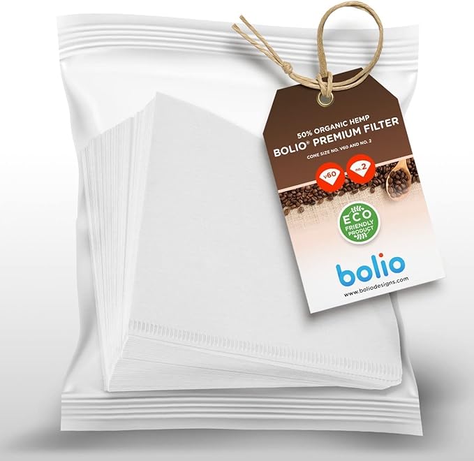 Premium Hemp White Paper Cone Coffee Filters - Peroxide Whitened - Compatible with V60 and All No.2 Size Pour Over Drippers - (Pack of 100)
