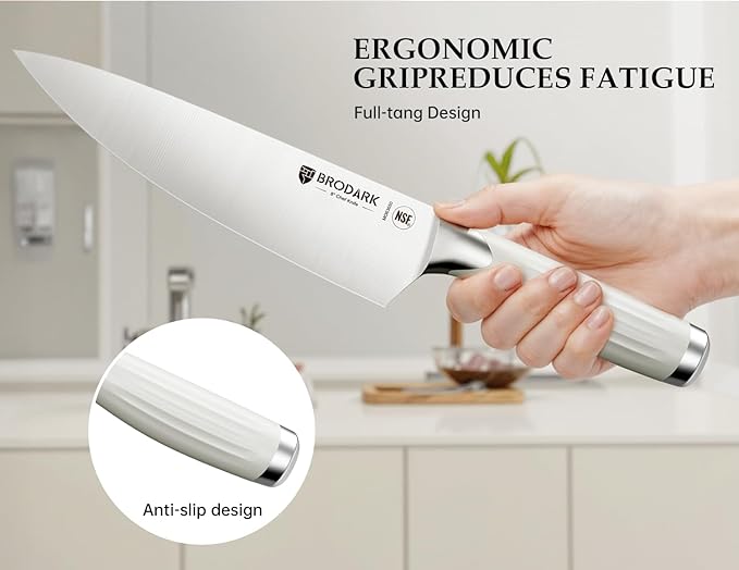 BRODARK Kitchen Knife Set with Block and Sharpener – 15-Piece Ultra Sharp White Knife Set Full Tang Stainless Steel Knife Block Set with Ergonomic Handle – Christmas Gift, Roman Series