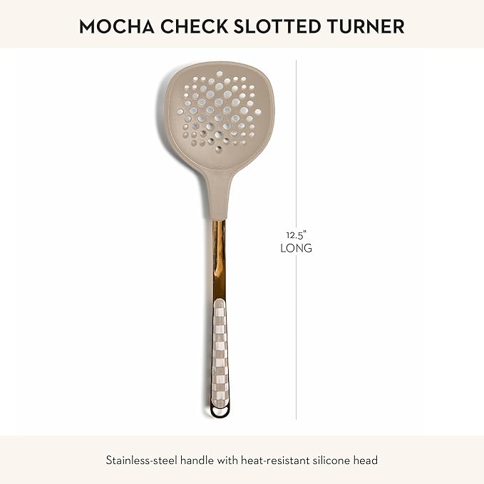 MACKENZIE-CHILDS Slotted Spoon, Silicone Turner for Cooking, Brown-and-White Mocha Check