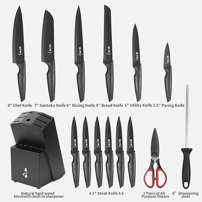 Zhang Xiao Quan Since 1628 15-Piece Kitchen Knife Block Set with Sharpening Steel Knive Set Ergonomic Handle (Black)