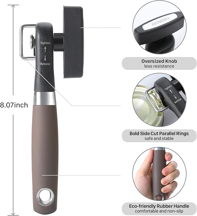 Beneno Can Opener, Manual Side Safe Cut Can Opener Smooth Edge with Durable Sharp Blade, Effort-Saving Knob & Comfortable Non-slip Handle, Brown