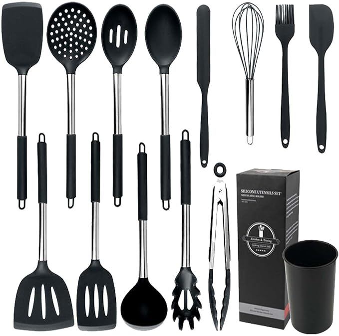 Silicone Kitchen Tools - Non - Stick, Anti - Slip, High - Temperature Resistant, Scald - Proof 14 - Piece Set with Stainless Steel Tube Handles & a Storage Bucket (Gray)