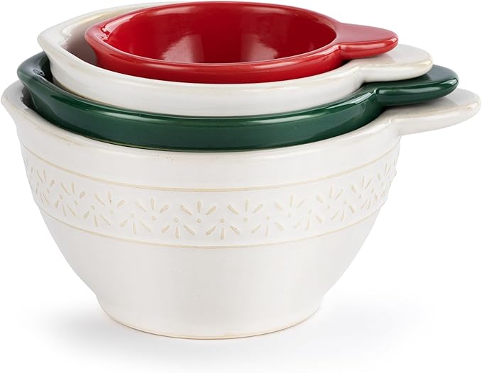 DEMDACO Baking Holiday Memories Red, Green, White Glossy Ceramic Stoneware Festive Christmas Kitchen Countertop Accessory Décor, Embossed Detail, Christmas Measuring Cups, Set of 4