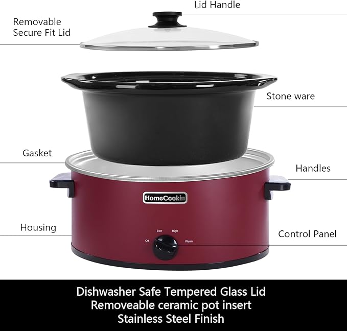 HOMECOOKIN 8 Quart Slow Cooker Oval Manual Pot Food Warmer with 3 Cooking Settings, Red Stainless Steel